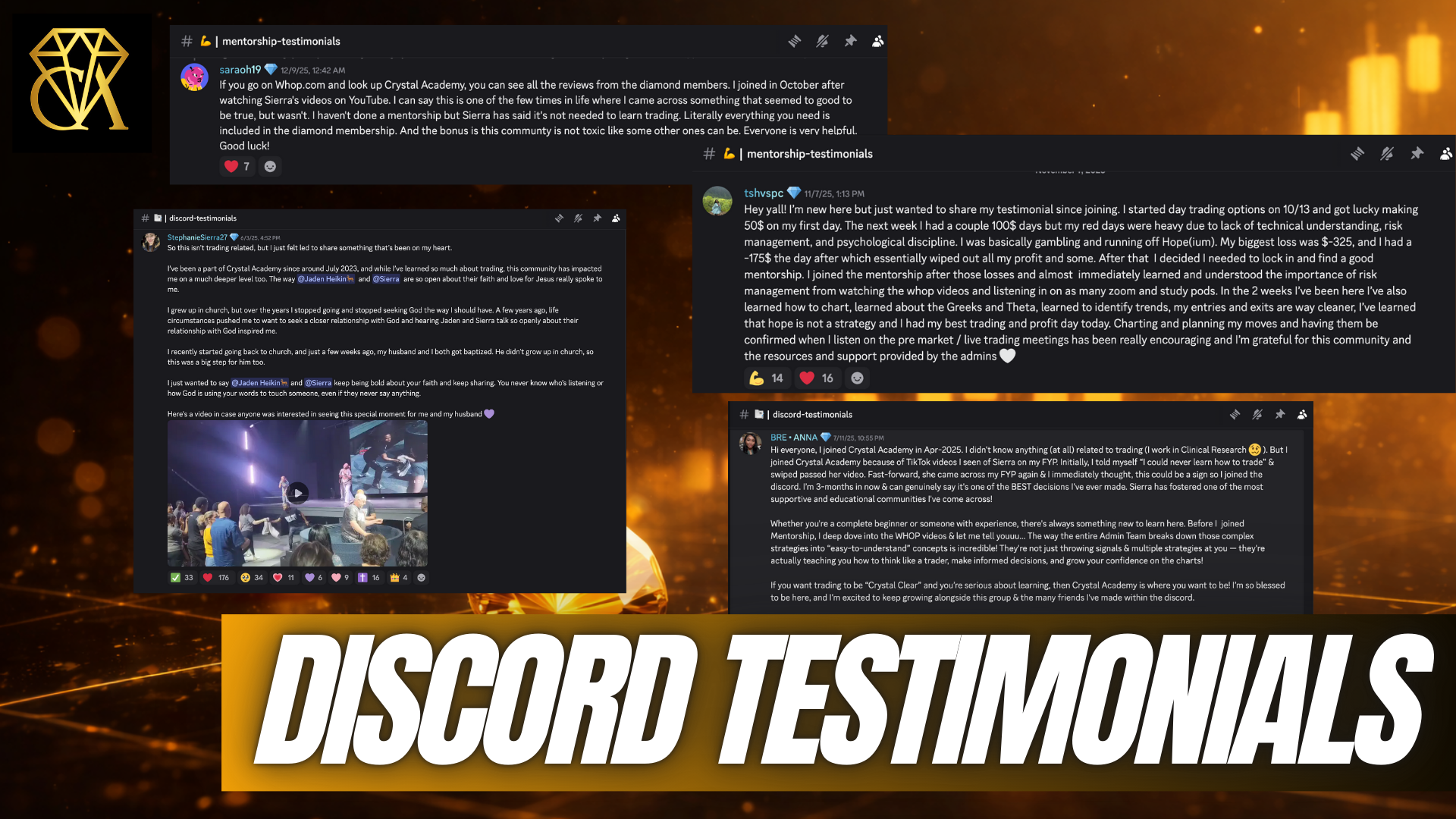 Discord community testimonials from Crystal Academy Trades members