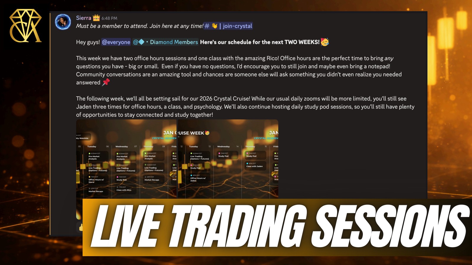 Crystal Academy Trades Live Trading Room - Weekly Schedule and Discord Community